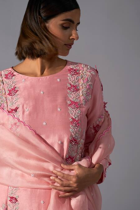Buy Koashee By Shubitaa Pink Organza Embroidery, Sequins Round Neck Floral Zardozi Kurta Pant Set Online at Aza Fashions Buy_Koashee By Shubitaa_Pink Organza Embroidery, Sequins Round Neck Floral Zardozi Kurta Pant Set _Online_at_Aza_Fashions