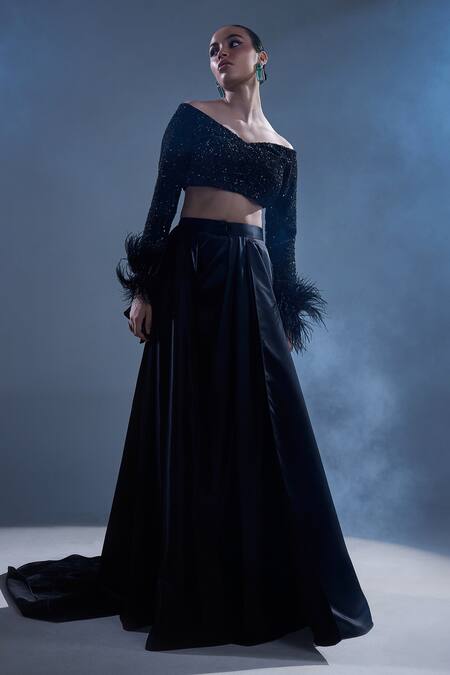 Manika Nanda Black German Satin Embroidered Hand One Shoulder Top And Skirt Set Online at Aza Fashions Manika Nanda_Black German Satin Embroidered Hand One Shoulder Top And Skirt Set _Online_at_Aza_Fashions