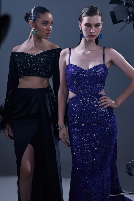 Buy Manika Nanda Black German Satin Embroidered Hand One Shoulder Top And Skirt Set Online at Aza Fashions Buy_Manika Nanda_Black German Satin Embroidered Hand One Shoulder Top And Skirt Set _Online_at_Aza_Fashions