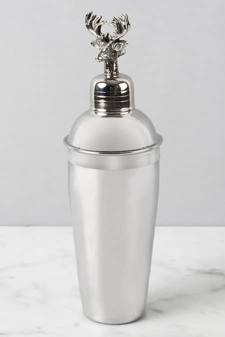 Shop Elm & Oak Silver Steel And Brass Carved Reindeer Cocktail Shaker at Aza Fashions Shop_Elm & Oak_Silver Steel And Brass Carved Reindeer Cocktail Shaker_at_Aza_Fashions