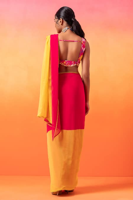 Shop_Seema Thukral_Pink Georgette, Crepe, Satin, Lycra Sequins, Saree With Floral Print Blouse _at_Aza_Fashions