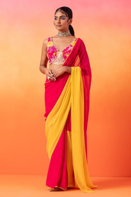 Seema Thukral_Pink Georgette, Crepe, Satin, Lycra Sequins, Saree With Floral Print Blouse _Online_at_Aza_Fashions
