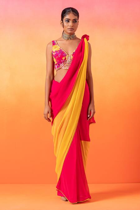 Shop_Seema Thukral_Pink Georgette, Crepe, Satin, Lycra Sequins, Saree With Floral Print Blouse _Online_at_Aza_Fashions