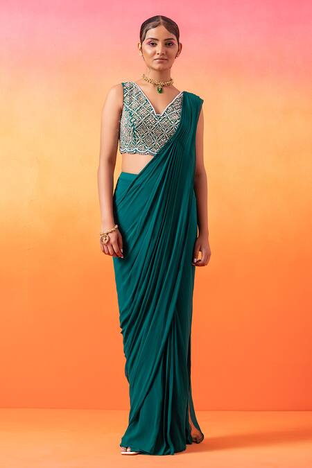 Buy Seema Thukral Green Georgette, Satin Embroidery, Sequins Pre-stitched Saree With Hand Blouse Online at Aza Fashions Buy_Seema Thukral_Green Georgette, Satin Embroidery, Sequins Pre-stitched Saree With Hand Blouse _Online_at_Aza_Fashions