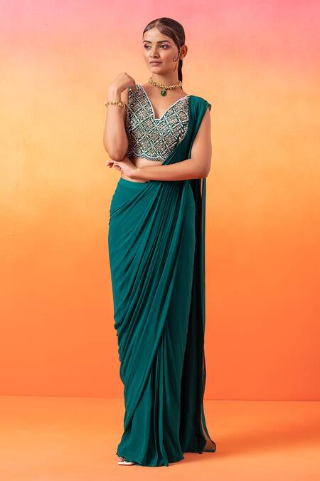 Shop Seema Thukral Green Georgette, Satin Embroidery, Sequins Pre-stitched Saree With Hand Blouse Online at Aza Fashions Shop_Seema Thukral_Green Georgette, Satin Embroidery, Sequins Pre-stitched Saree With Hand Blouse _Online_at_Aza_Fashions