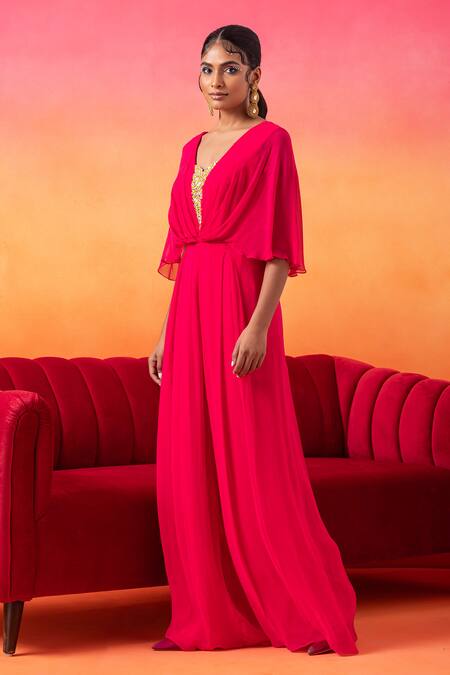 Seema Thukral Pink Georgette, Satin Sequins, Mirrors, Pearls, Embroidered Pre-draped Jumpsuit Online at Aza Fashions Seema Thukral_Pink Georgette, Satin Sequins, Mirrors, Pearls, Embroidered Pre-draped Jumpsuit _Online_at_Aza_Fashions
