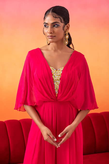 Buy Seema Thukral Pink Georgette, Satin Sequins, Mirrors, Pearls, Embroidered Pre-draped Jumpsuit Online at Aza Fashions Buy_Seema Thukral_Pink Georgette, Satin Sequins, Mirrors, Pearls, Embroidered Pre-draped Jumpsuit _Online_at_Aza_Fashions