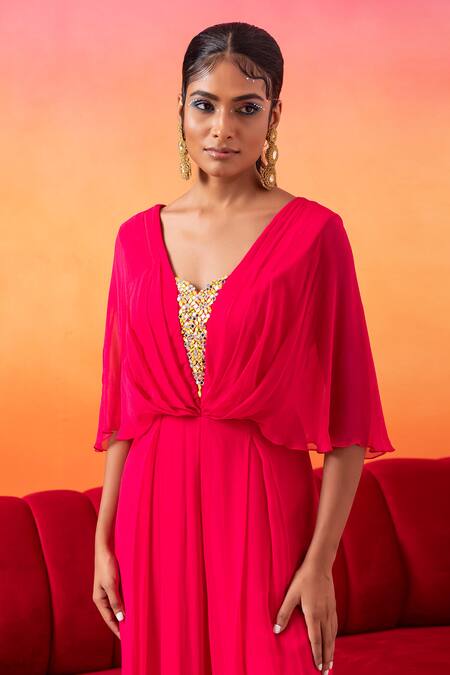 Shop Seema Thukral Pink Georgette, Satin Sequins, Mirrors, Pearls, Embroidered Pre-draped Jumpsuit Online at Aza Fashions Shop_Seema Thukral_Pink Georgette, Satin Sequins, Mirrors, Pearls, Embroidered Pre-draped Jumpsuit _Online_at_Aza_Fashions