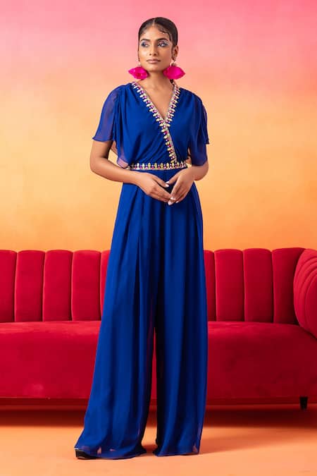 Seema Thukral Blue Georgette, Satin Sequins, Mirrors, Pearls, Border Pre-draped Jumpsuit Online at Aza Fashions Seema Thukral_Blue Georgette, Satin Sequins, Mirrors, Pearls, Border Pre-draped Jumpsuit _Online_at_Aza_Fashions
