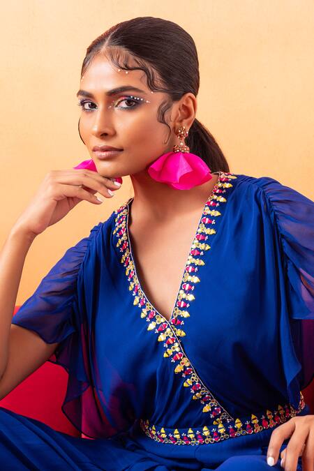 Buy Seema Thukral Blue Georgette, Satin Sequins, Mirrors, Pearls, Border Pre-draped Jumpsuit Online at Aza Fashions Buy_Seema Thukral_Blue Georgette, Satin Sequins, Mirrors, Pearls, Border Pre-draped Jumpsuit _Online_at_Aza_Fashions
