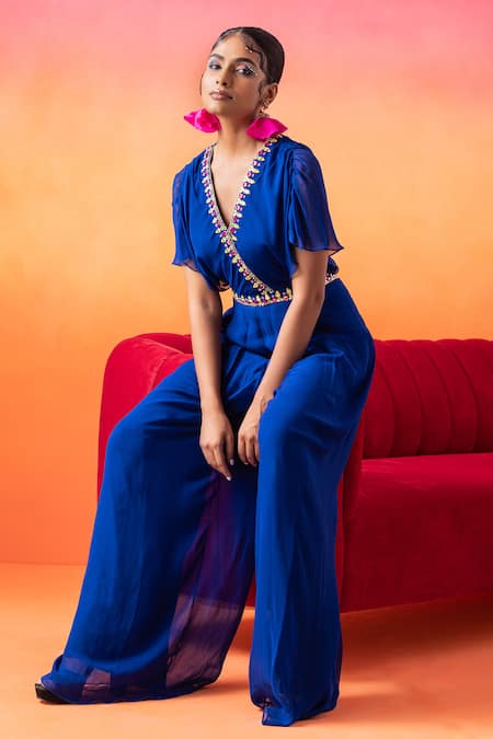 Shop Seema Thukral Blue Georgette, Satin Sequins, Mirrors, Pearls, Border Pre-draped Jumpsuit Online at Aza Fashions Shop_Seema Thukral_Blue Georgette, Satin Sequins, Mirrors, Pearls, Border Pre-draped Jumpsuit _Online_at_Aza_Fashions