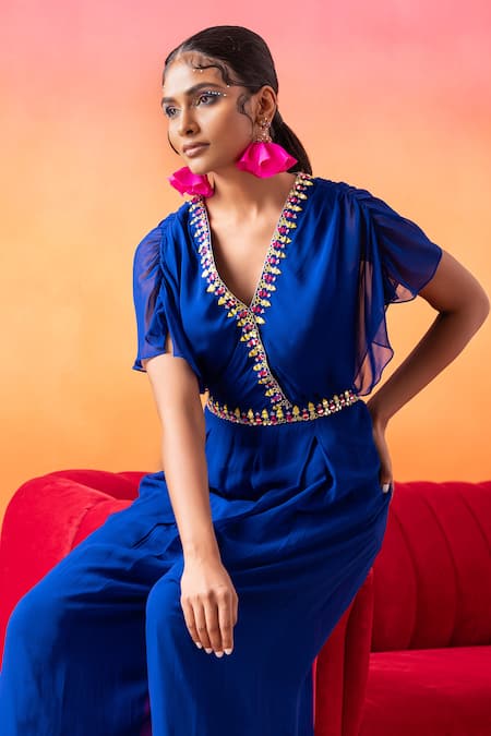 Seema Thukral Blue Georgette, Satin Sequins, Mirrors, Pearls, Border Pre-draped Jumpsuit at Aza Fashions Seema Thukral_Blue Georgette, Satin Sequins, Mirrors, Pearls, Border Pre-draped Jumpsuit _at_Aza_Fashions