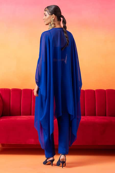 Shop Seema Thukral Blue Georgette, Organza, Crepe Mirrors, Sequins, Electric Hand Cape Pant Set at Aza Fashions Shop_Seema Thukral_Blue Georgette, Organza, Crepe Mirrors, Sequins, Electric Hand Cape Pant Set _at_Aza_Fashions