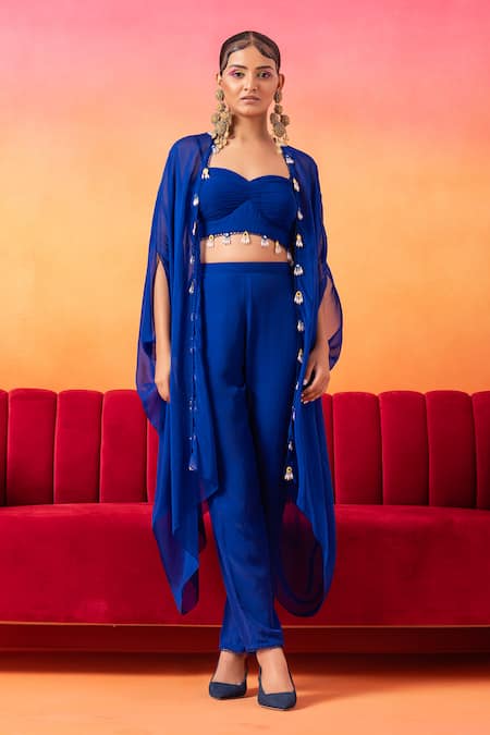 Seema Thukral Blue Georgette, Organza, Crepe Mirrors, Sequins, Electric Hand Cape Pant Set Online at Aza Fashions Seema Thukral_Blue Georgette, Organza, Crepe Mirrors, Sequins, Electric Hand Cape Pant Set _Online_at_Aza_Fashions
