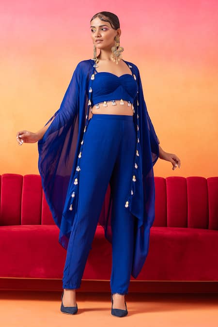Buy Seema Thukral Blue Georgette, Organza, Crepe Mirrors, Sequins, Electric Hand Cape Pant Set Online at Aza Fashions Buy_Seema Thukral_Blue Georgette, Organza, Crepe Mirrors, Sequins, Electric Hand Cape Pant Set _Online_at_Aza_Fashions