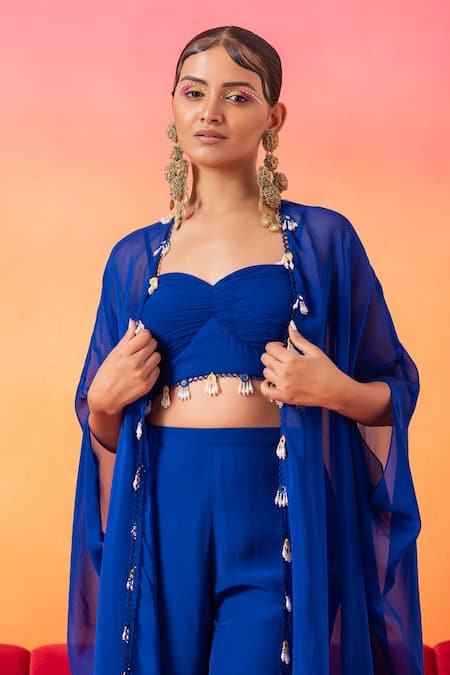 Shop Seema Thukral Blue Georgette, Organza, Crepe Mirrors, Sequins, Electric Hand Cape Pant Set Online at Aza Fashions Shop_Seema Thukral_Blue Georgette, Organza, Crepe Mirrors, Sequins, Electric Hand Cape Pant Set _Online_at_Aza_Fashions