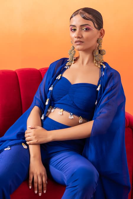 Seema Thukral Blue Georgette, Organza, Crepe Mirrors, Sequins, Electric Hand Cape Pant Set at Aza Fashions Seema Thukral_Blue Georgette, Organza, Crepe Mirrors, Sequins, Electric Hand Cape Pant Set _at_Aza_Fashions