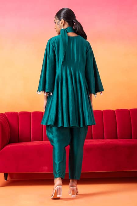 Shop Seema Thukral Green Chanderi, Satin Sequins, Mirrors, Flared Sleeve Short Anarkali And Pant Set at Aza Fashions Shop_Seema Thukral_Green Chanderi, Satin Sequins, Mirrors, Flared Sleeve Short Anarkali And Pant Set _at_Aza_Fashions