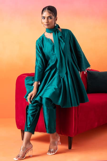 Seema Thukral Green Chanderi, Satin Sequins, Mirrors, Flared Sleeve Short Anarkali And Pant Set Online at Aza Fashions Seema Thukral_Green Chanderi, Satin Sequins, Mirrors, Flared Sleeve Short Anarkali And Pant Set _Online_at_Aza_Fashions