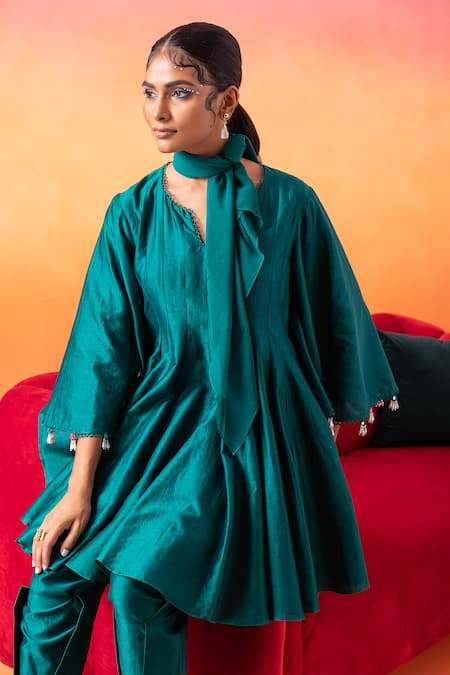 Buy Seema Thukral Green Chanderi, Satin Sequins, Mirrors, Flared Sleeve Short Anarkali And Pant Set Online at Aza Fashions Buy_Seema Thukral_Green Chanderi, Satin Sequins, Mirrors, Flared Sleeve Short Anarkali And Pant Set _Online_at_Aza_Fashions
