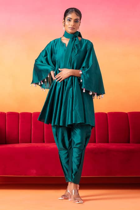 Shop Seema Thukral Green Chanderi, Satin Sequins, Mirrors, Flared Sleeve Short Anarkali And Pant Set Online at Aza Fashions Shop_Seema Thukral_Green Chanderi, Satin Sequins, Mirrors, Flared Sleeve Short Anarkali And Pant Set _Online_at_Aza_Fashions