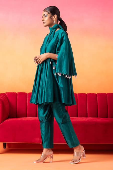 Seema Thukral Green Chanderi, Satin Sequins, Mirrors, Flared Sleeve Short Anarkali And Pant Set at Aza Fashions Seema Thukral_Green Chanderi, Satin Sequins, Mirrors, Flared Sleeve Short Anarkali And Pant Set _at_Aza_Fashions