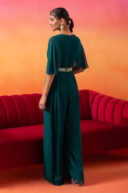Shop Seema Thukral Green Georgette, Satin Embroidery Round Neck Hand Pre-draped Jumpsuit at Aza Fashions Shop_Seema Thukral_Green Georgette, Satin Embroidery Round Neck Hand Pre-draped Jumpsuit _at_Aza_Fashions