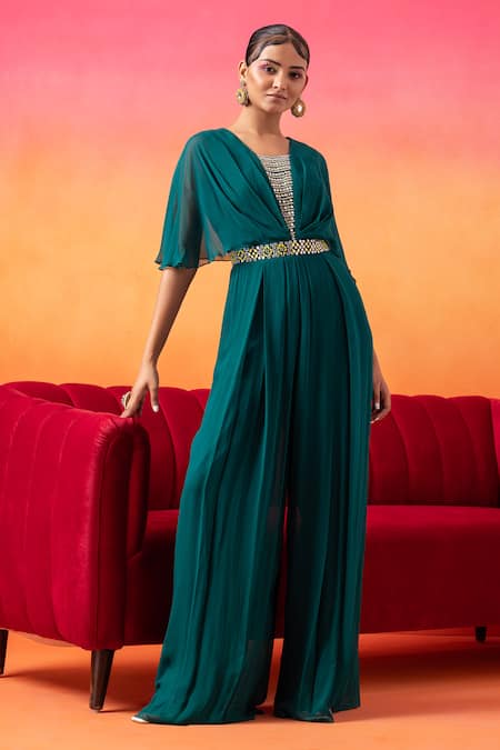 Seema Thukral Green Georgette, Satin Embroidery Round Neck Hand Pre-draped Jumpsuit Online at Aza Fashions Seema Thukral_Green Georgette, Satin Embroidery Round Neck Hand Pre-draped Jumpsuit _Online_at_Aza_Fashions