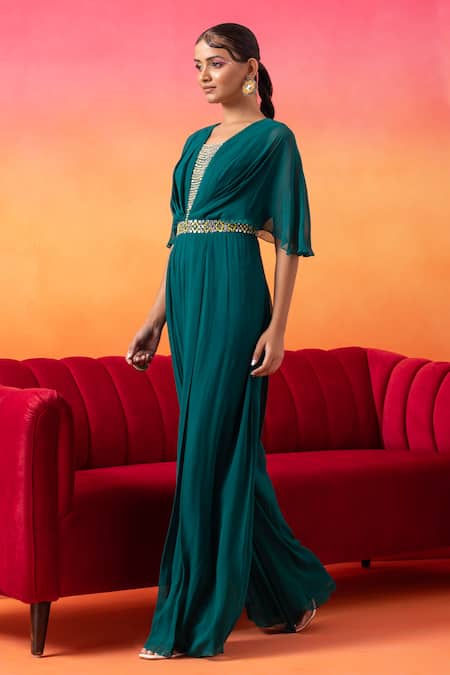 Buy Seema Thukral Green Georgette, Satin Embroidery Round Neck Hand Pre-draped Jumpsuit Online at Aza Fashions Buy_Seema Thukral_Green Georgette, Satin Embroidery Round Neck Hand Pre-draped Jumpsuit _Online_at_Aza_Fashions