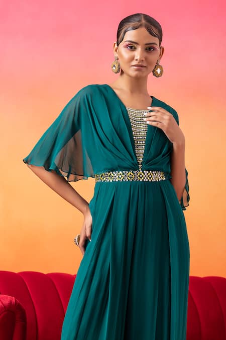 Shop Seema Thukral Green Georgette, Satin Embroidery Round Neck Hand Pre-draped Jumpsuit Online at Aza Fashions Shop_Seema Thukral_Green Georgette, Satin Embroidery Round Neck Hand Pre-draped Jumpsuit _Online_at_Aza_Fashions
