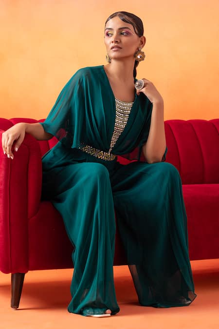 Seema Thukral Green Georgette, Satin Embroidery Round Neck Hand Pre-draped Jumpsuit at Aza Fashions Seema Thukral_Green Georgette, Satin Embroidery Round Neck Hand Pre-draped Jumpsuit _at_Aza_Fashions
