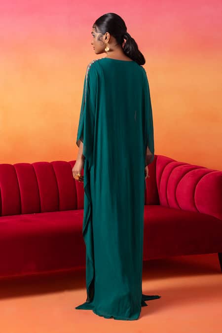 Shop_Seema Thukral_Green Chiffon, Satin Embroidery Square Neck Kaftan _at_Aza_Fashions
