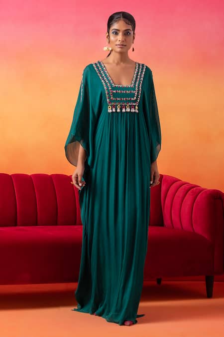 Seema Thukral_Green Chiffon, Satin Embroidery Square Neck Kaftan _Online_at_Aza_Fashions