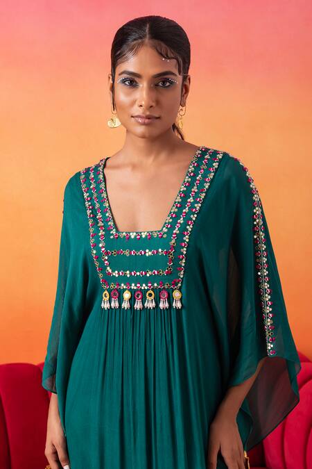 Buy_Seema Thukral_Green Chiffon, Satin Embroidery Square Neck Kaftan _Online_at_Aza_Fashions