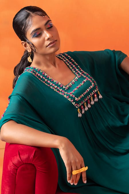 Shop_Seema Thukral_Green Chiffon, Satin Embroidery Square Neck Kaftan _Online_at_Aza_Fashions