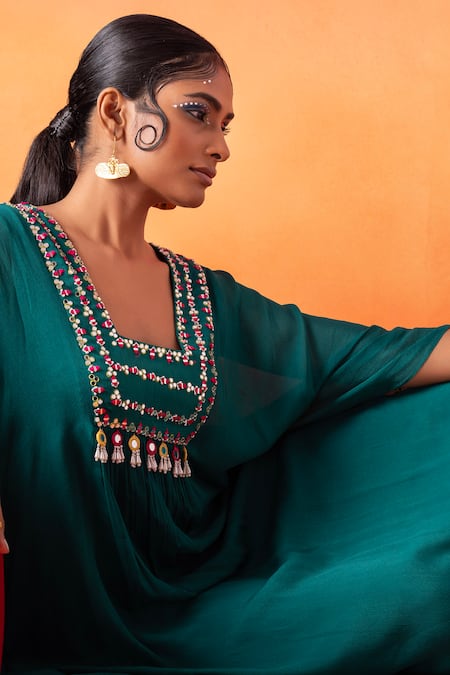 Seema Thukral_Green Chiffon, Satin Embroidery Square Neck Kaftan _at_Aza_Fashions