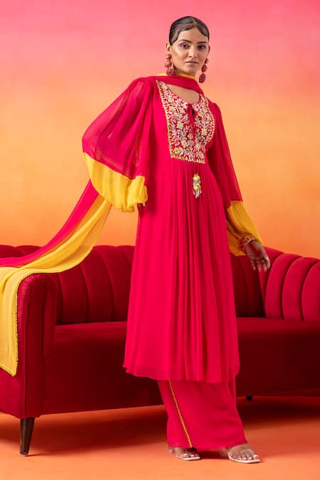 Buy_Seema Thukral_Pink Georgette, Satin Sequins, Mirrors, Pearls, Glitter, Kurta Pant Set _Online_at_Aza_Fashions