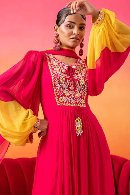 Shop_Seema Thukral_Pink Georgette, Satin Sequins, Mirrors, Pearls, Glitter, Kurta Pant Set _Online_at_Aza_Fashions