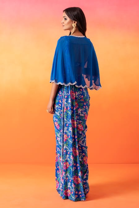 Shop Seema Thukral Blue Crepe Sequins, Pearls, Beads Round Neck Floral Print Pre-stitched Saree Set at Aza Fashions Shop_Seema Thukral_Blue Crepe Sequins, Pearls, Beads Round Neck Floral Print Pre-stitched Saree Set _at_Aza_Fashions