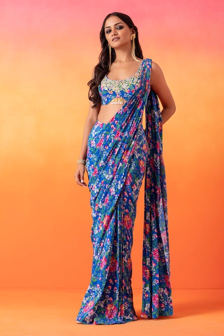 Seema Thukral Blue Crepe Sequins, Pearls, Beads Round Neck Floral Print Pre-stitched Saree Set Online at Aza Fashions Seema Thukral_Blue Crepe Sequins, Pearls, Beads Round Neck Floral Print Pre-stitched Saree Set _Online_at_Aza_Fashions