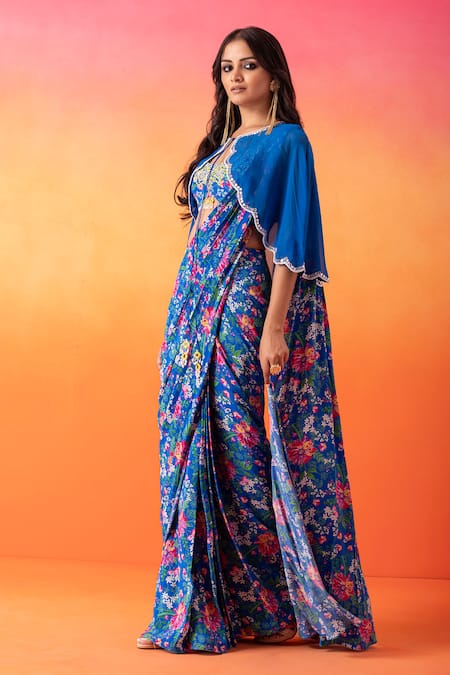 Buy Seema Thukral Blue Crepe Sequins, Pearls, Beads Round Neck Floral Print Pre-stitched Saree Set Online at Aza Fashions Buy_Seema Thukral_Blue Crepe Sequins, Pearls, Beads Round Neck Floral Print Pre-stitched Saree Set _Online_at_Aza_Fashions