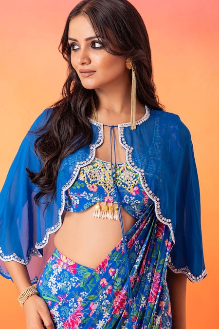 Shop Seema Thukral Blue Crepe Sequins, Pearls, Beads Round Neck Floral Print Pre-stitched Saree Set Online at Aza Fashions Shop_Seema Thukral_Blue Crepe Sequins, Pearls, Beads Round Neck Floral Print Pre-stitched Saree Set _Online_at_Aza_Fashions