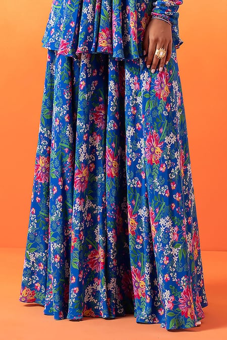 Buy_Seema Thukral_Blue Crepe, Satin Embroidery V-neck Floral Print Tunic With Sharara _Online_at_Aza_Fashions