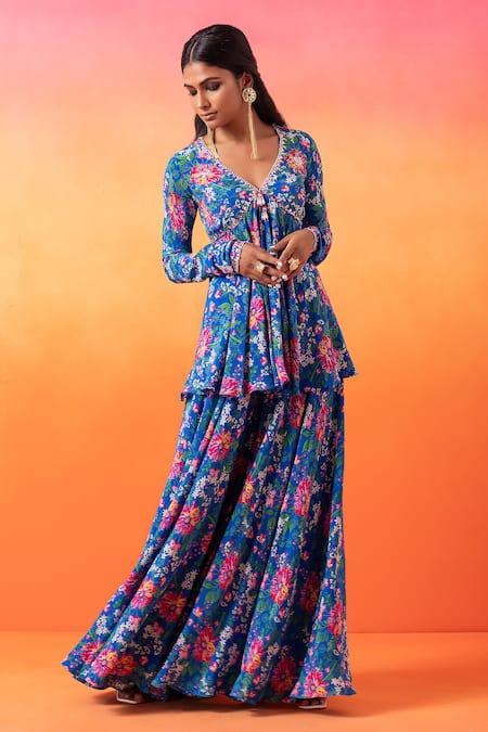 Shop_Seema Thukral_Blue Crepe, Satin Embroidery V-neck Floral Print Tunic With Sharara _Online_at_Aza_Fashions