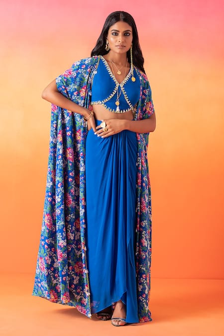Seema Thukral Blue Georgette, Satin Sequins, Beads V-neck Floral Print Cape And Skirt Set Online at Aza Fashions Seema Thukral_Blue Georgette, Satin Sequins, Beads V-neck Floral Print Cape And Skirt Set _Online_at_Aza_Fashions