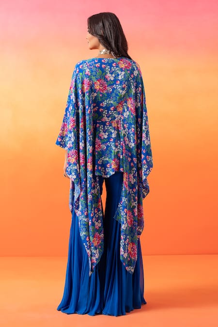 Seema Thukral Blue Georgette, Crepe, Satin Embroidery, Floral Print Kaftan With Gharara Online at Aza Fashions Seema Thukral_Blue Georgette, Crepe, Satin Embroidery, Floral Print Kaftan With Gharara _Online_at_Aza_Fashions
