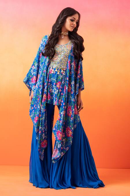 Buy Seema Thukral Blue Georgette, Crepe, Satin Embroidery, Floral Print Kaftan With Gharara Online at Aza Fashions Buy_Seema Thukral_Blue Georgette, Crepe, Satin Embroidery, Floral Print Kaftan With Gharara _Online_at_Aza_Fashions
