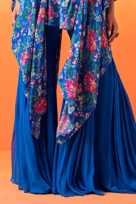 Shop Seema Thukral Blue Georgette, Crepe, Satin Embroidery, Floral Print Kaftan With Gharara Online at Aza Fashions Shop_Seema Thukral_Blue Georgette, Crepe, Satin Embroidery, Floral Print Kaftan With Gharara _Online_at_Aza_Fashions