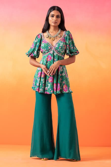 Seema Thukral Green Top Printed Crepe Floral V Neck Short Tunic With Flared Pant