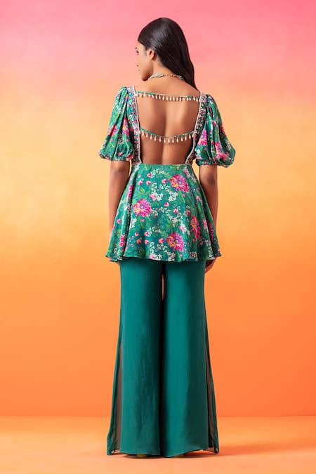 Shop Seema Thukral Green Crepe, Organza V-neck Floral Print Short Tunic With Flared Pant at Aza Fashions Shop_Seema Thukral_Green Crepe, Organza V-neck Floral Print Short Tunic With Flared Pant _at_Aza_Fashions